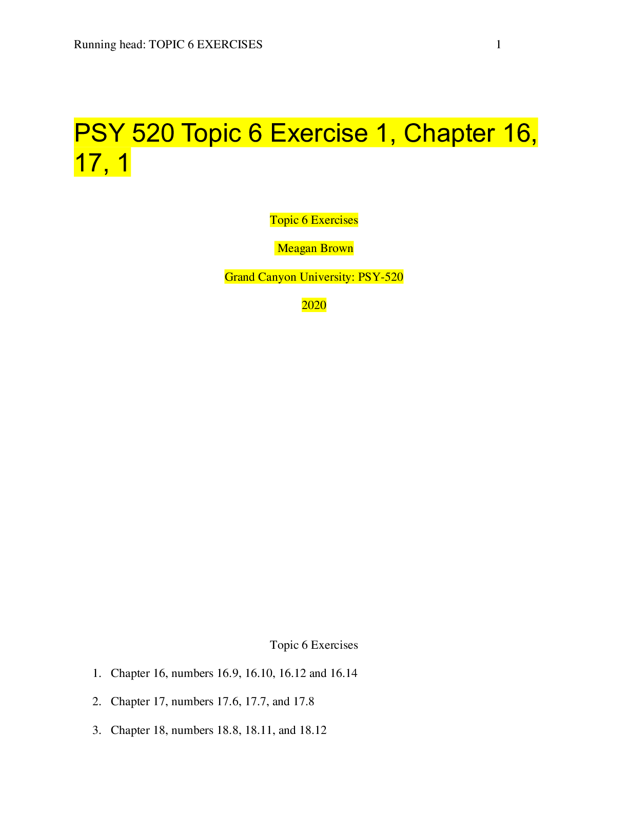 Preview of PSY 520 Topic 6 Exercise 1, Chapter 16, 17, 18